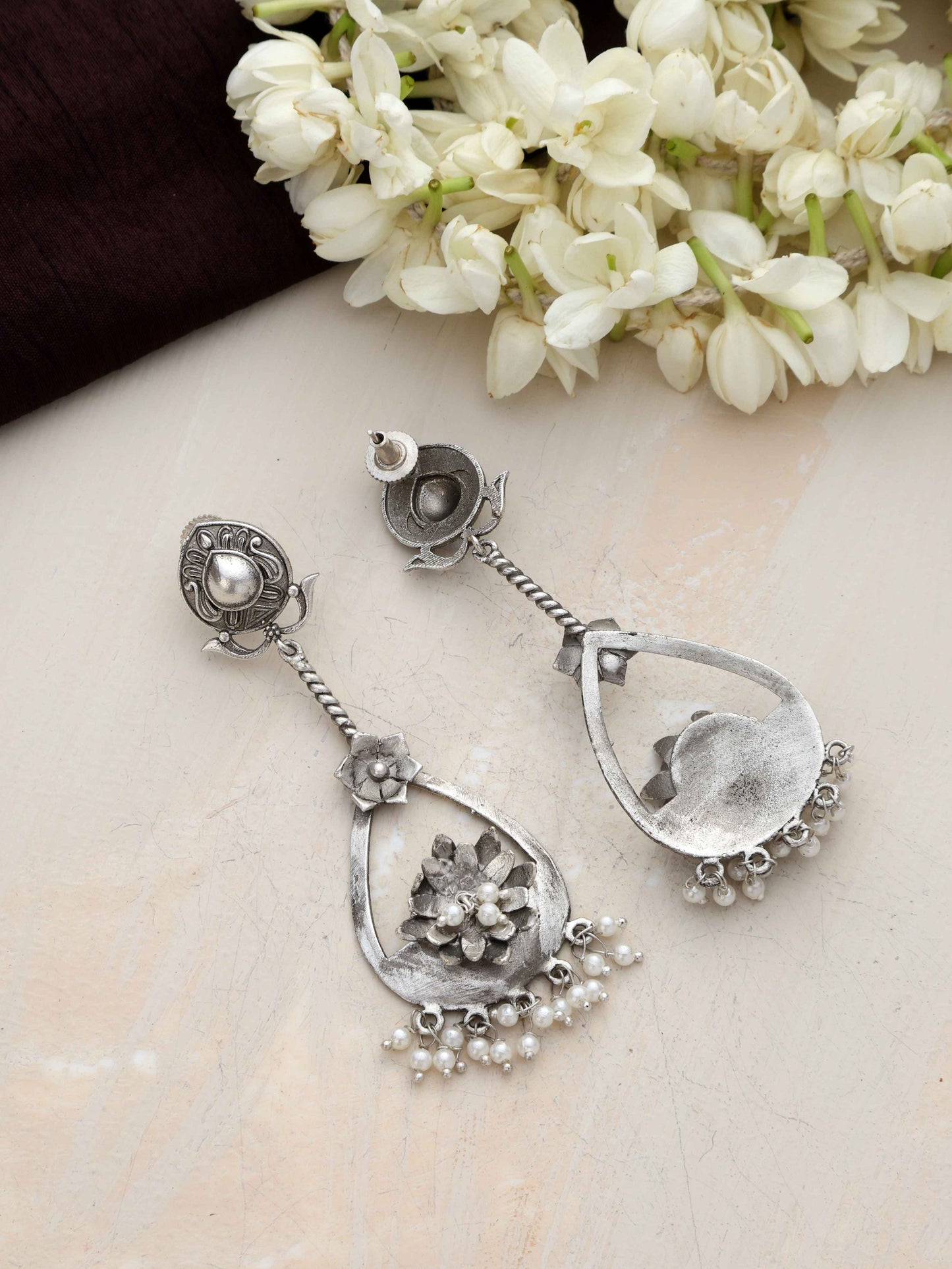 trueBrowns Silver Tone Floral Chandbaali Earrings - Swadesiicart
