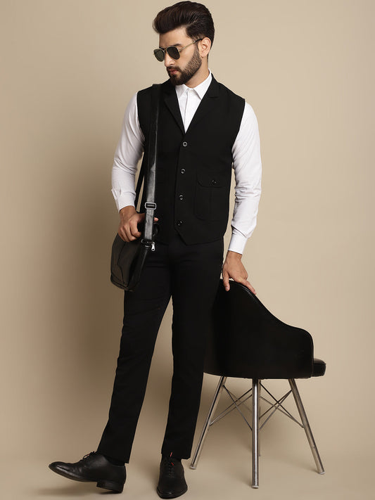 Even Apparels Men's Black Waistcoat with Notched Lapel | Swadesiicart