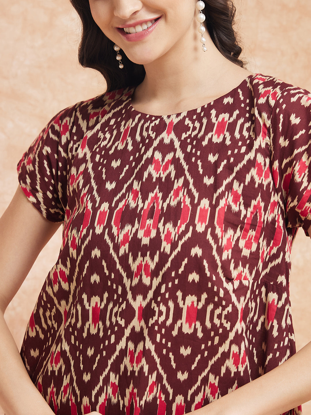 InWeave Women's Wine Ikkat Print A Line Dress - Swadesiicart