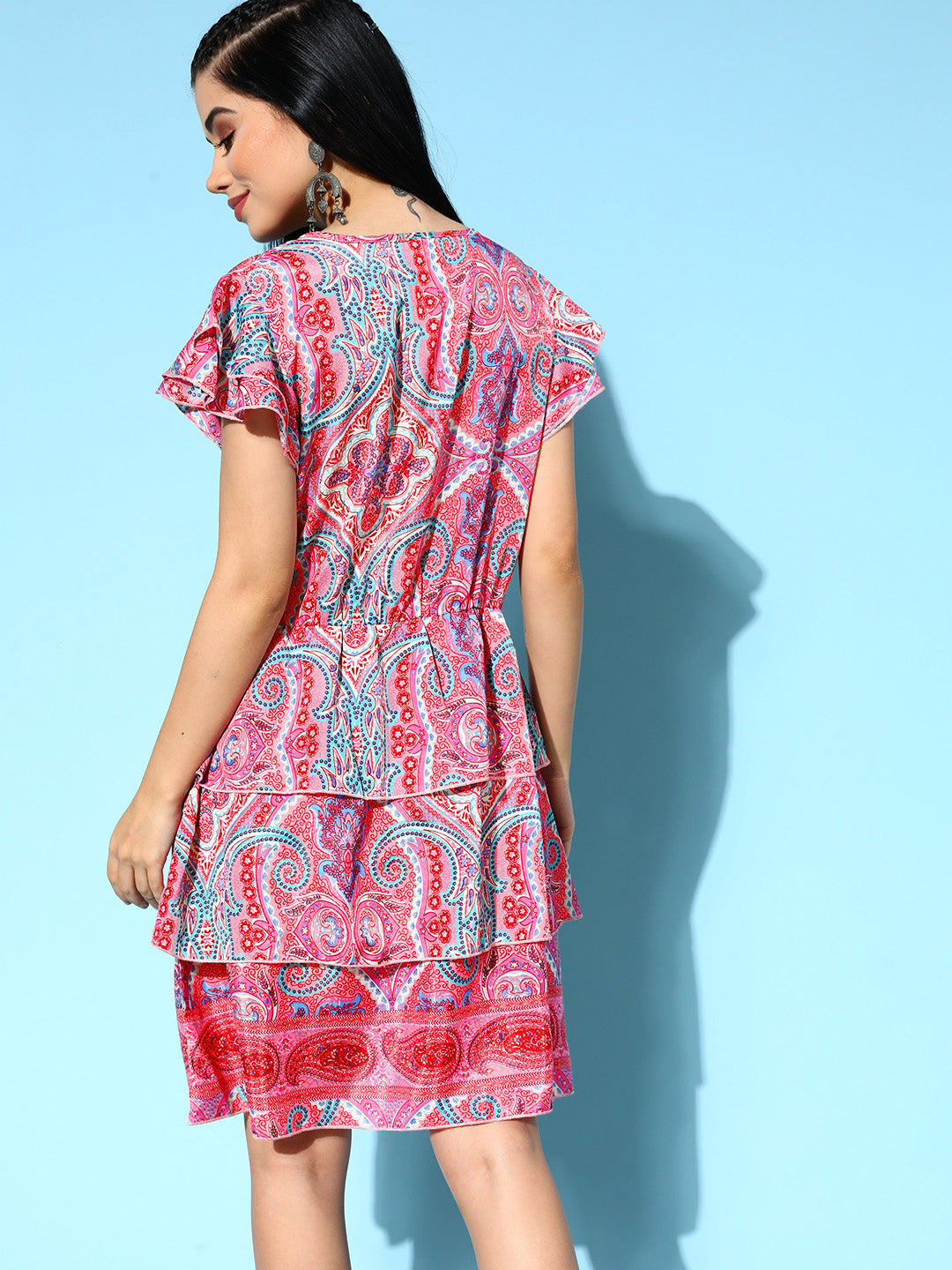 InWeave Women's Soft Pink Tiered Short Dress - Swadesiicart