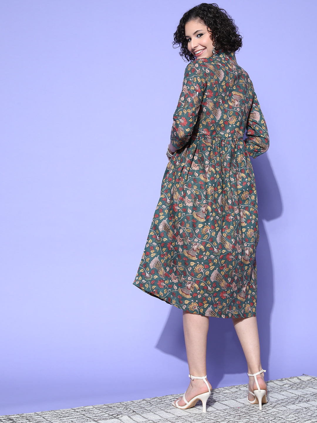 InWeave Women's Green Jaal Print Dress - Swadesiicart