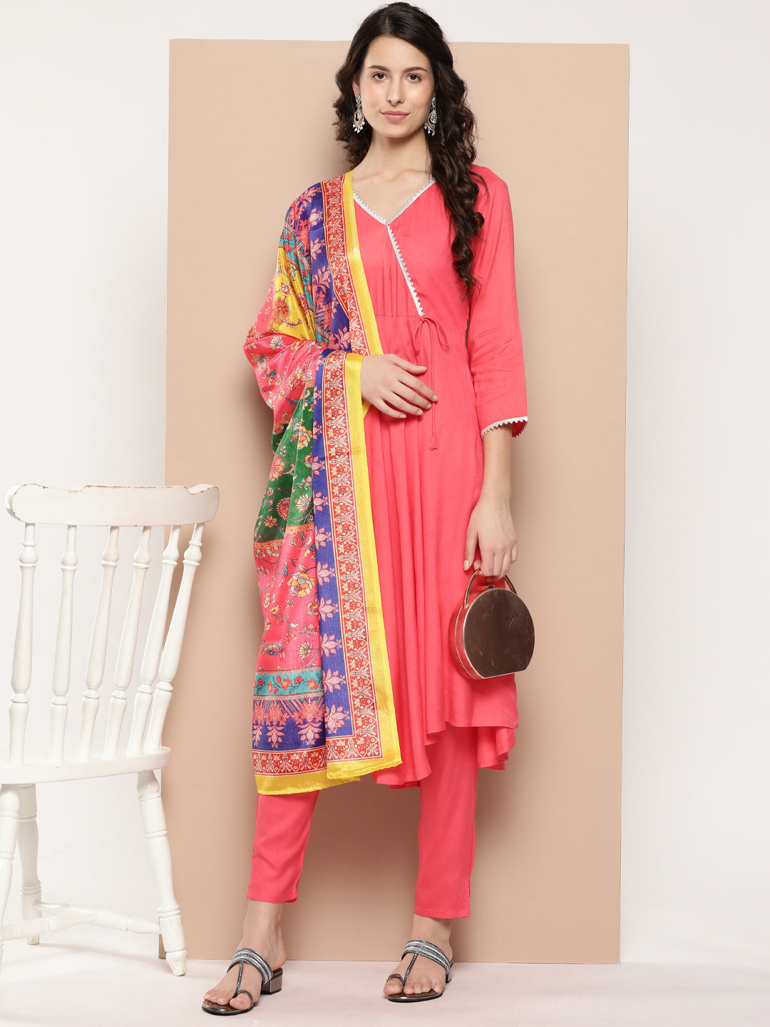 InWeave Women's Camelia Gota Angrakha Kurta Set W Yellow Orange Dupatta - Swadesiicart