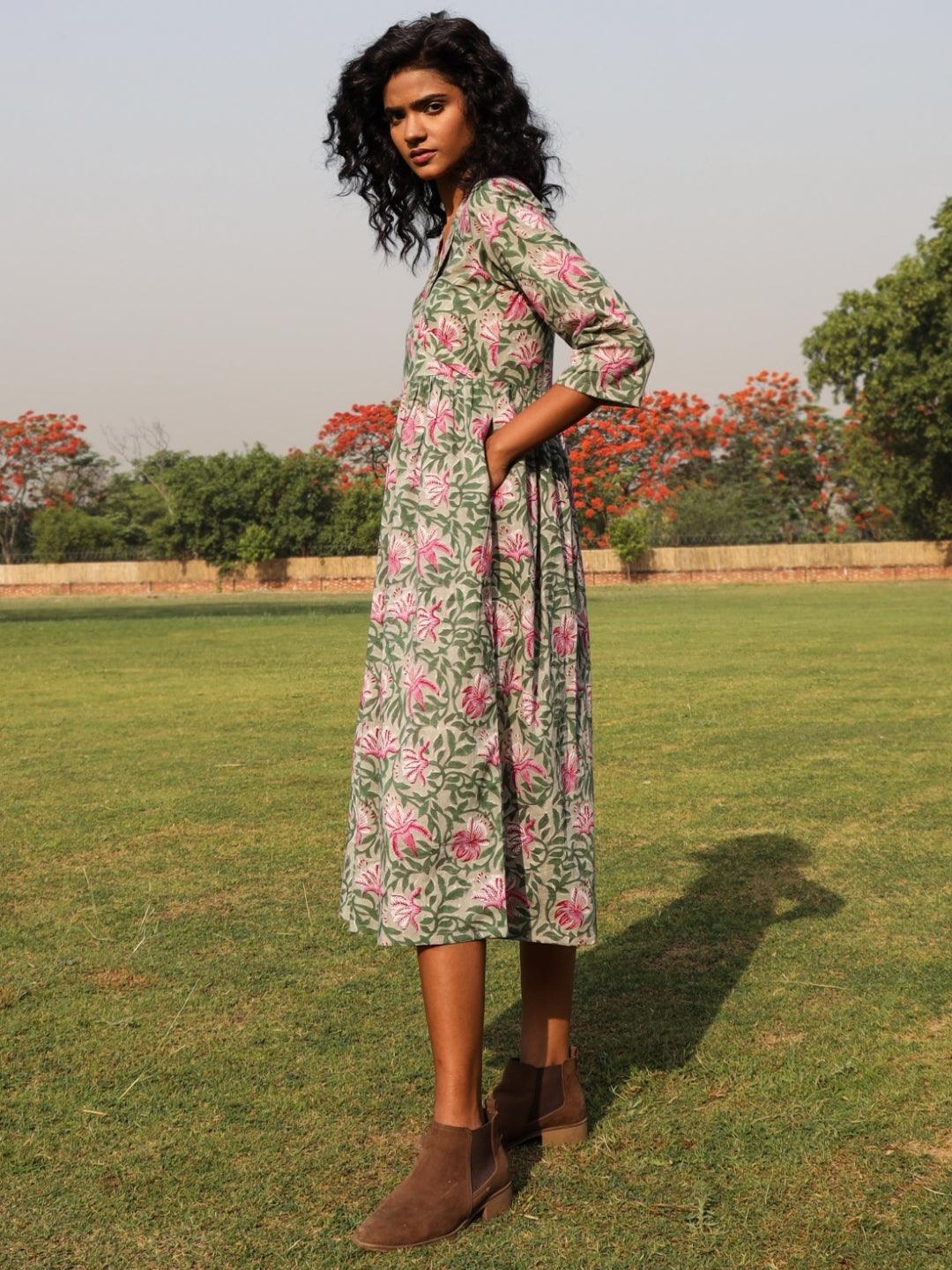 trueBrowns Sage Cotton Block Print Lapel Collared Dress | Swadesiicart