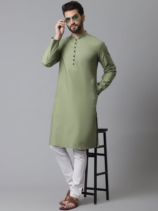Even Apparels Green Pure Cotton Kurta With Band Collar | Swadesiicart
