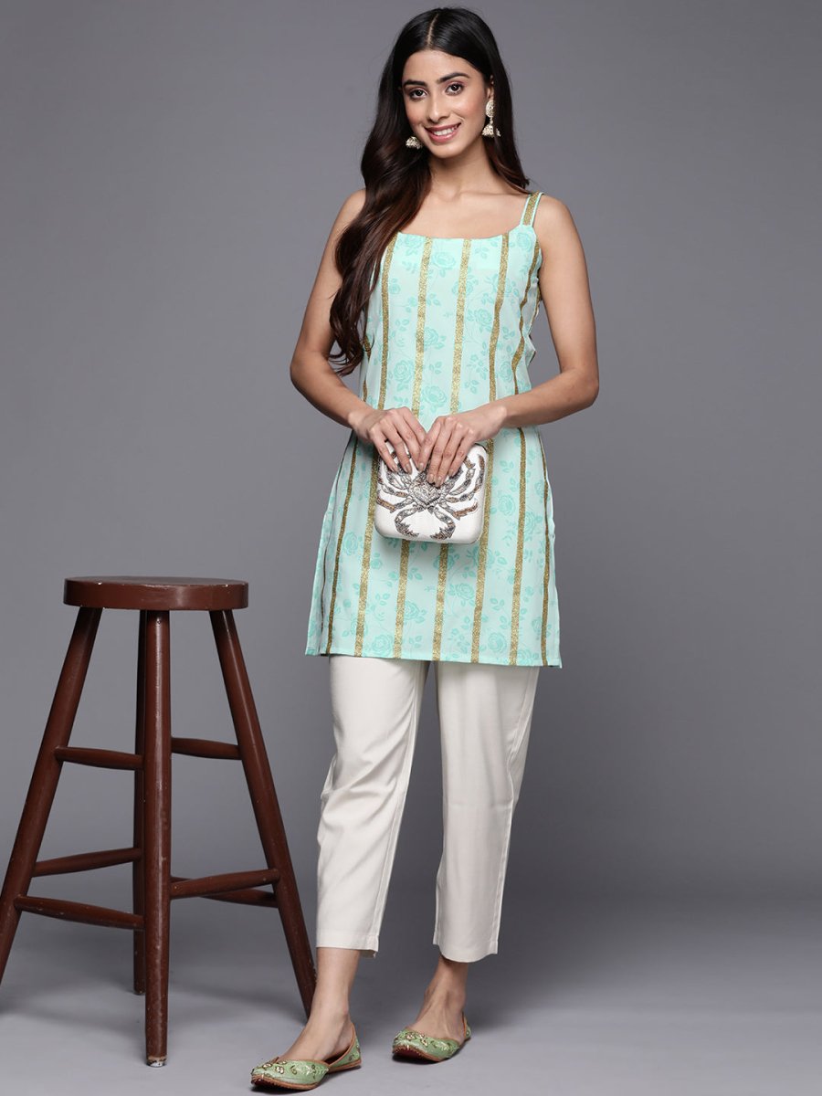 Ahalyaa Striped Floral Printed Shoulder Straps Crepe Tunic | Swadesiicart