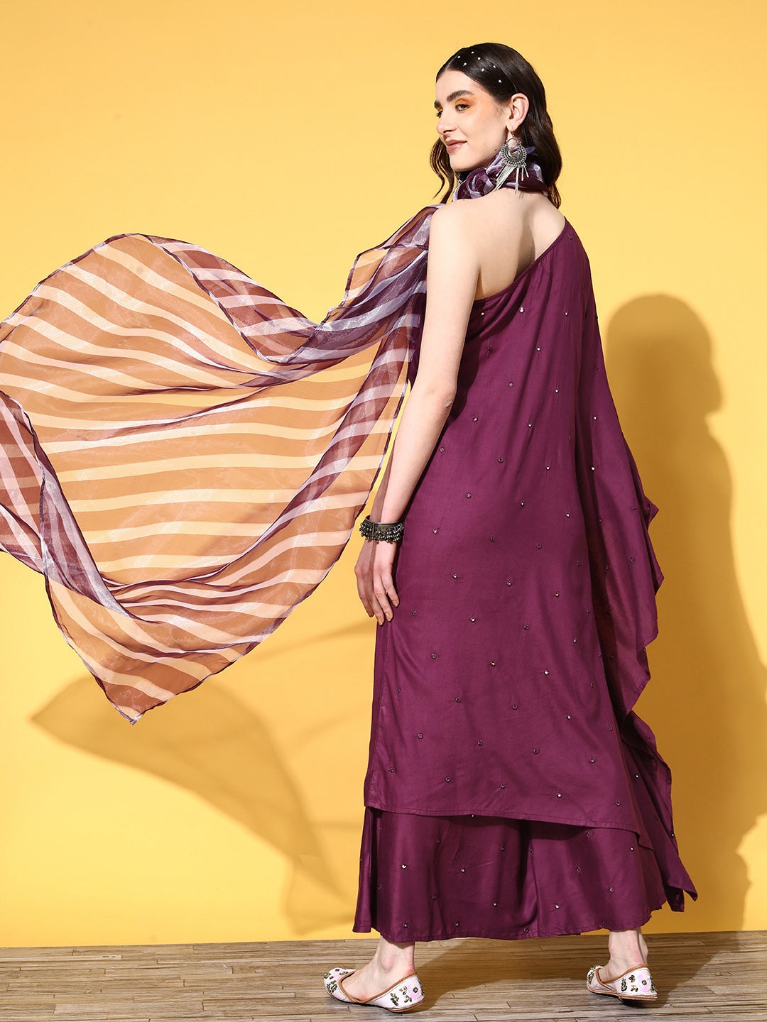 InWeave Women's Wine Mirror Work One Shoulder Kurta Set With Dupatta - Swadesiicart