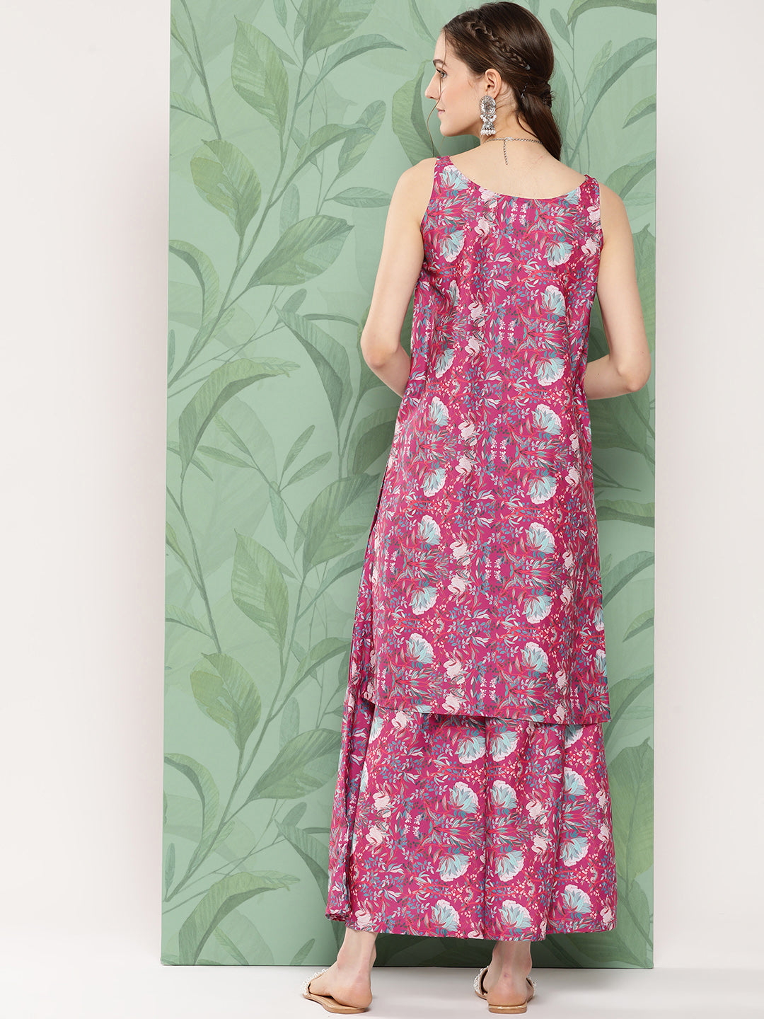 InWeave Women's Magenta Camelia Print Crepe Kurta Set - Swadesiicart