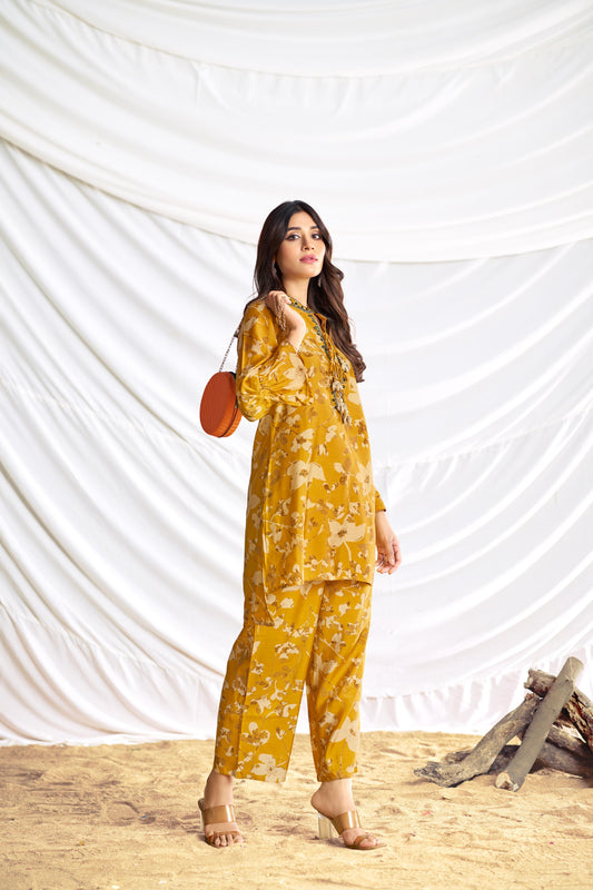 BulBul Preha Mustard Chanderi Co-Ord Set - Swadesiicart
