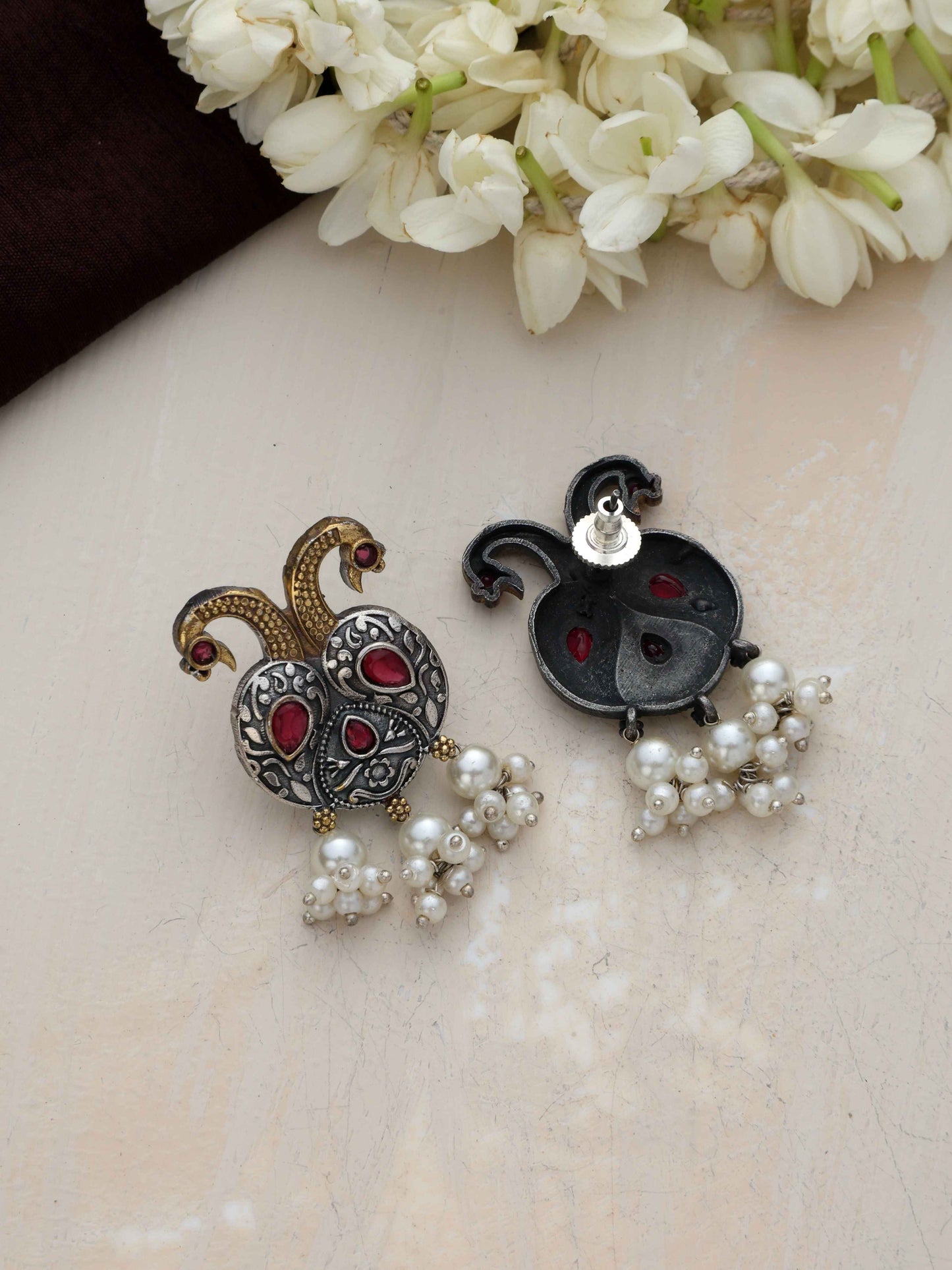 trueBrowns Silver Gold Tone Peacock Stud Earrings | Swadesiicart