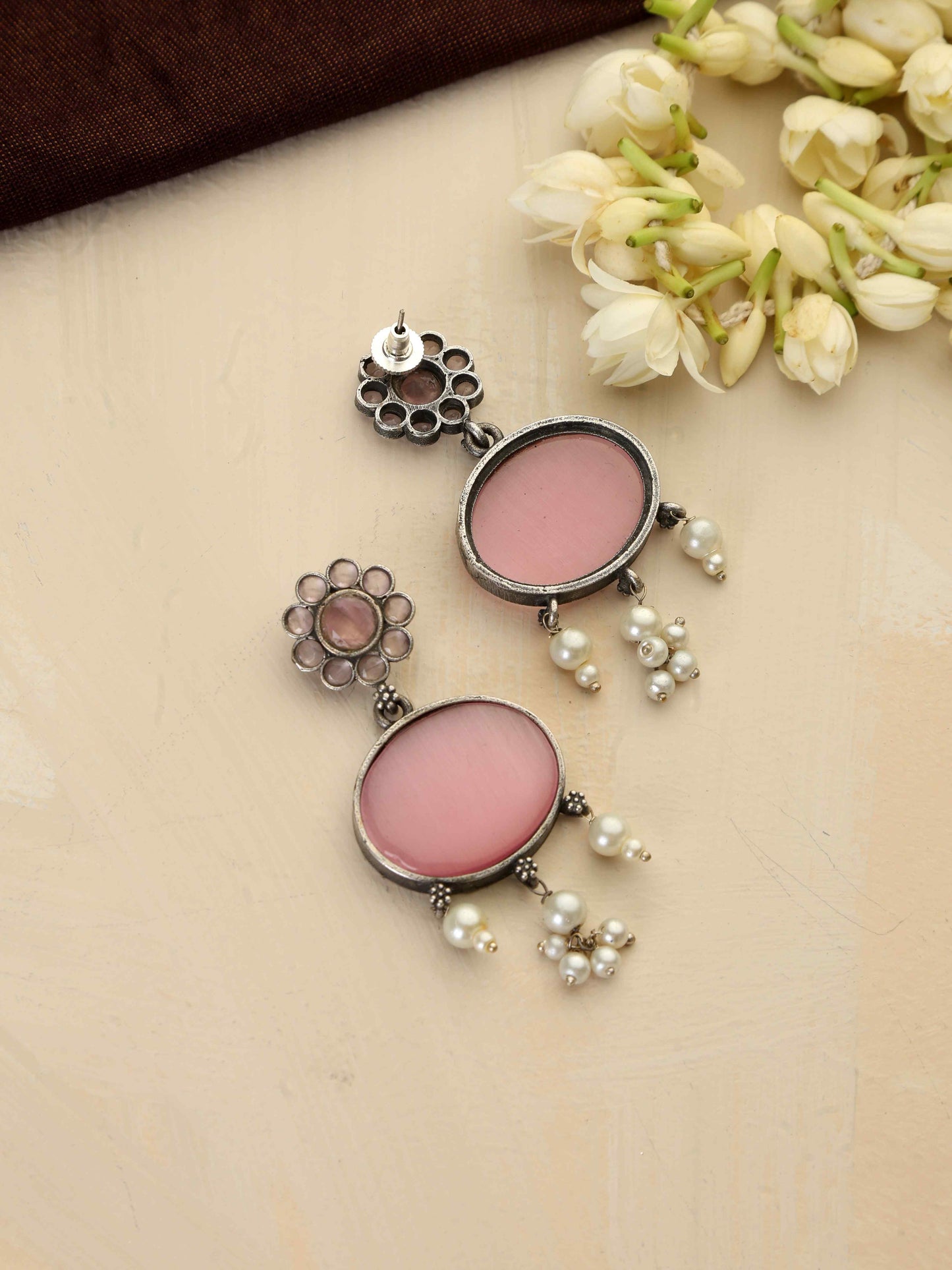 trueBrowns Silver Tone Pink Stone Dangle Earrings - Swadesiicart