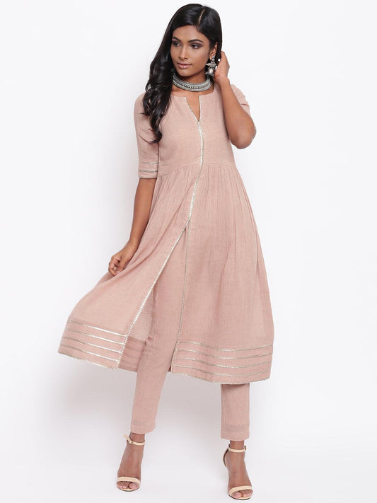 trueBrowns Pure Cotton Beige Gota Slit Kurta Set | Swadesiicart