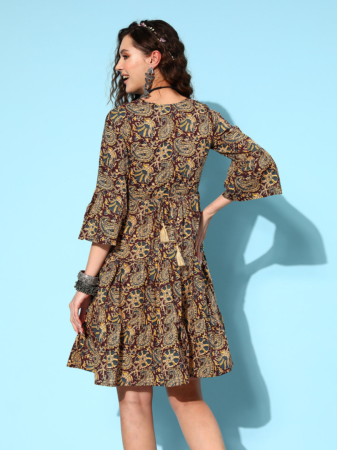 InWeave Women's Brown Kalamkari Print Short Dress - Swadesiicart