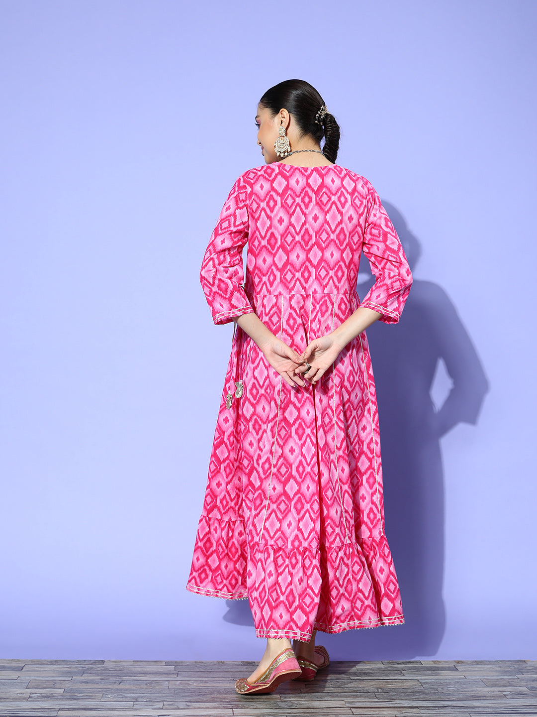 InWeave Women's Abstract Pink Print Long Dress With Work - Swadesiicart