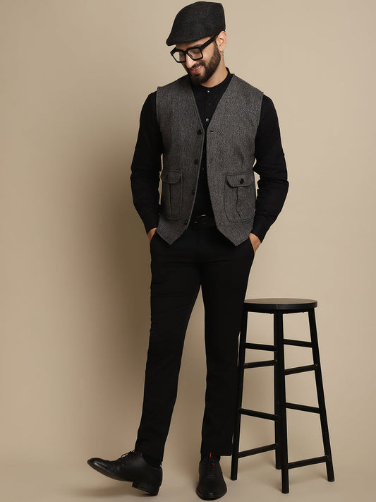 Even Apparels Men's Grey Woolen Waistcoat With Patch Pocket | Swadesiicart