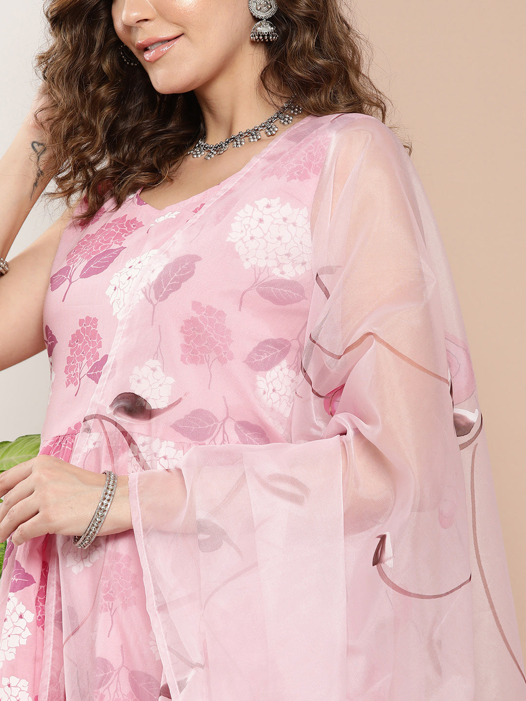 InWeave Women's Pink Printed Chintz Tiered Sharara Set With Dupatta - Swadesiicart