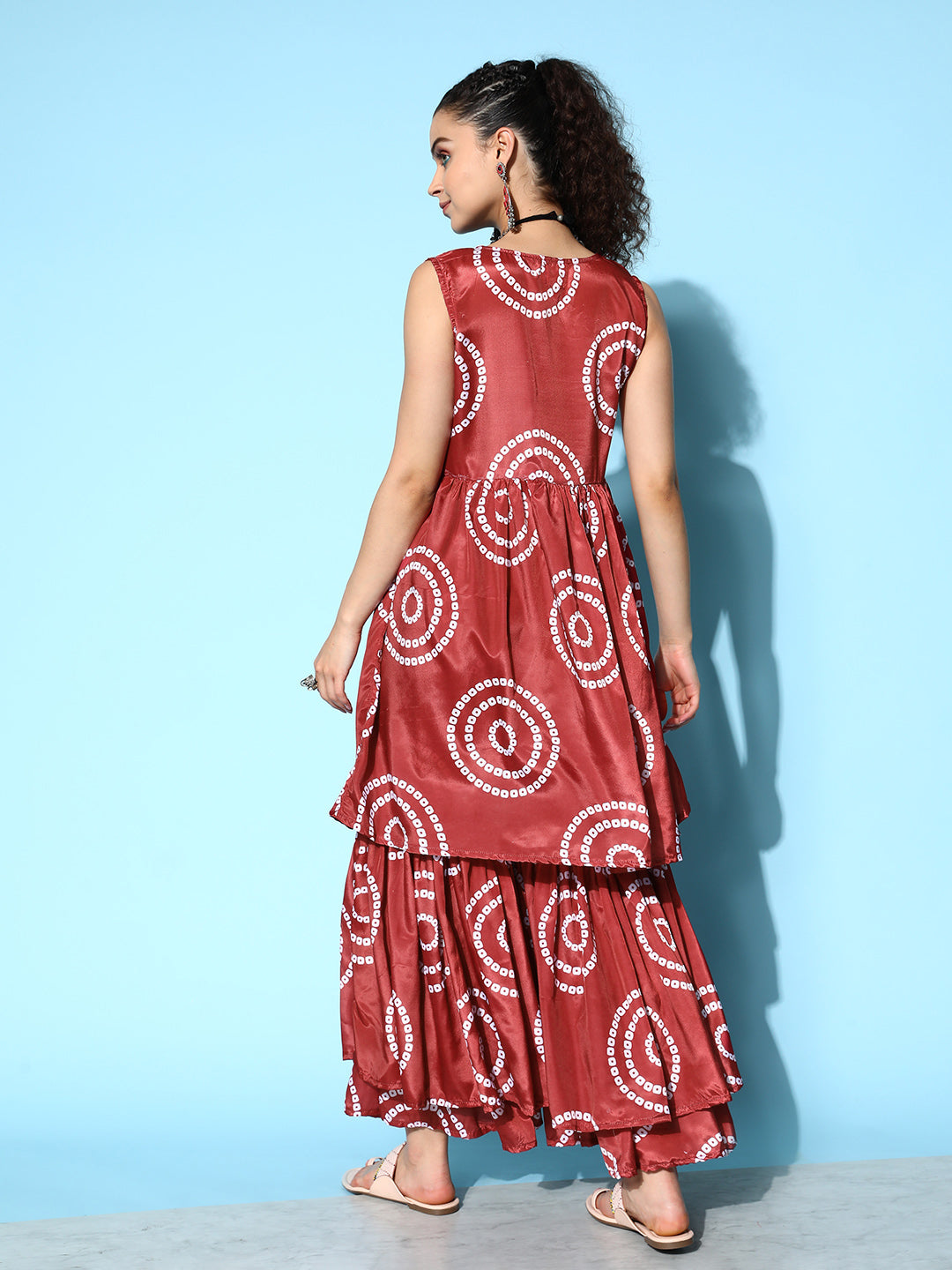 InWeave Women's Maroon Bandhani Motif Tiered Sharara Set - Swadesiicart