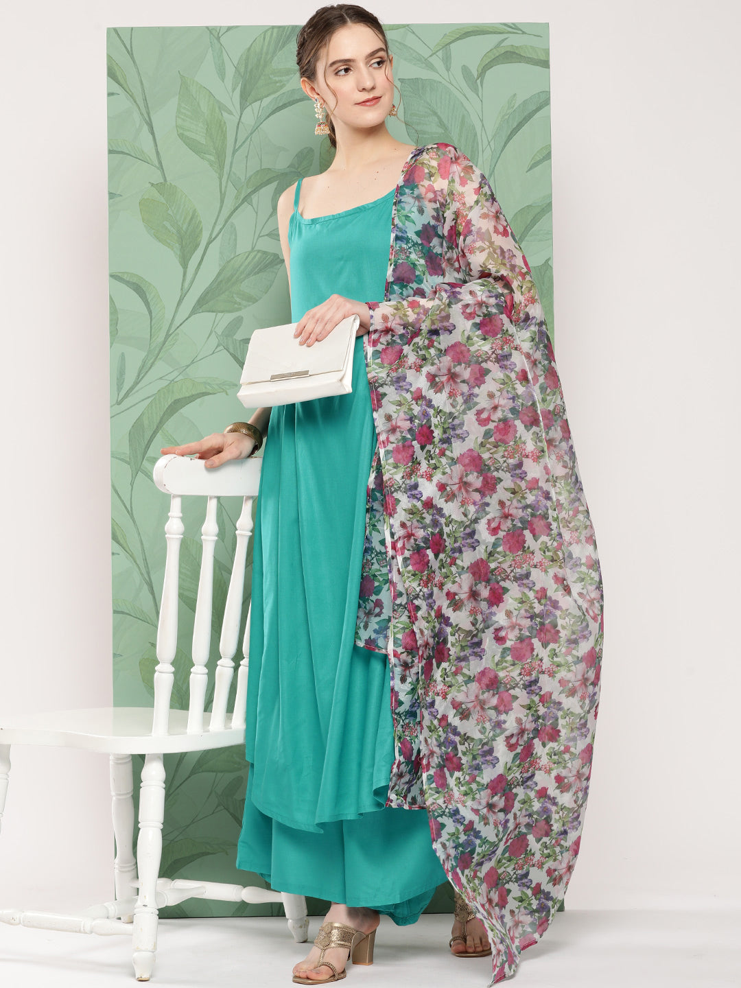 InWeave Women's Teal Strappy Set W White Pink Or Duptta - Swadesiicart