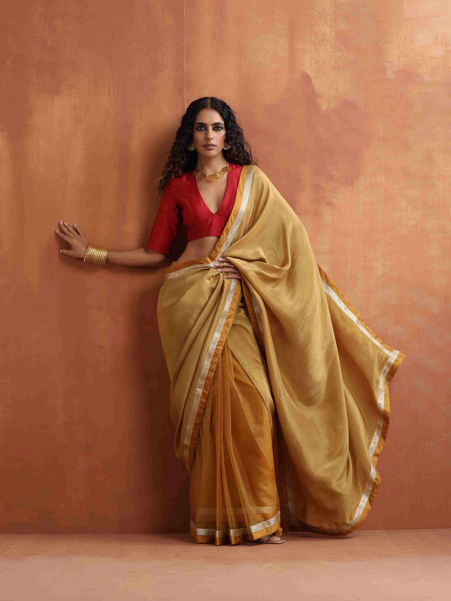trueBrowns Red Silk V Neck Blouse | Swadesiicart