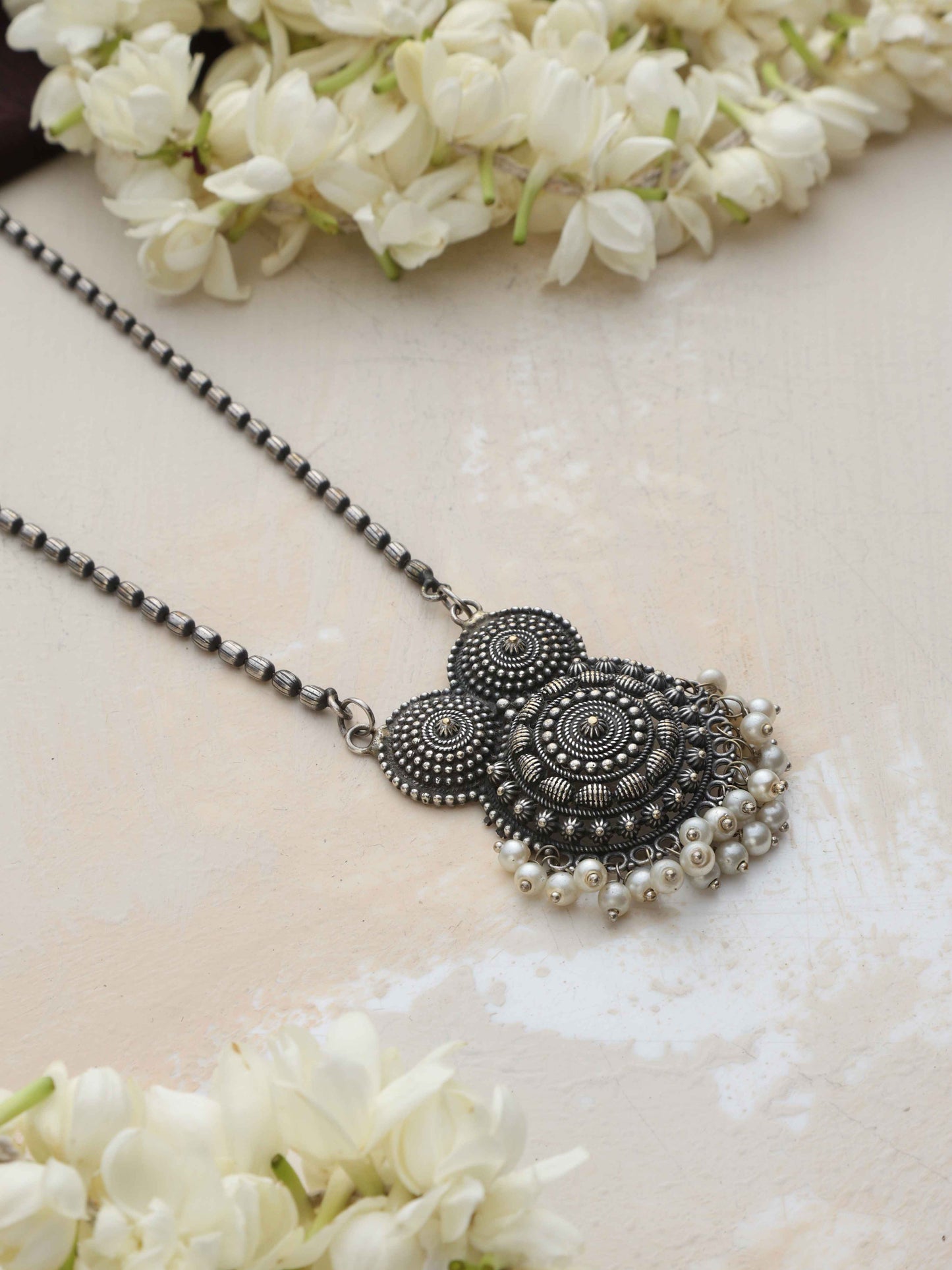 trueBrowns Silver Tone Pearl Drop Pendant Chain | Swadesiicart