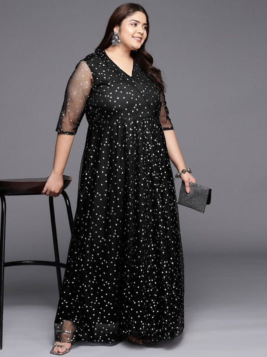 Ahalyaa Plus Size Printed Net V-neck Maxi Ethnic Dress | Swadesiicart