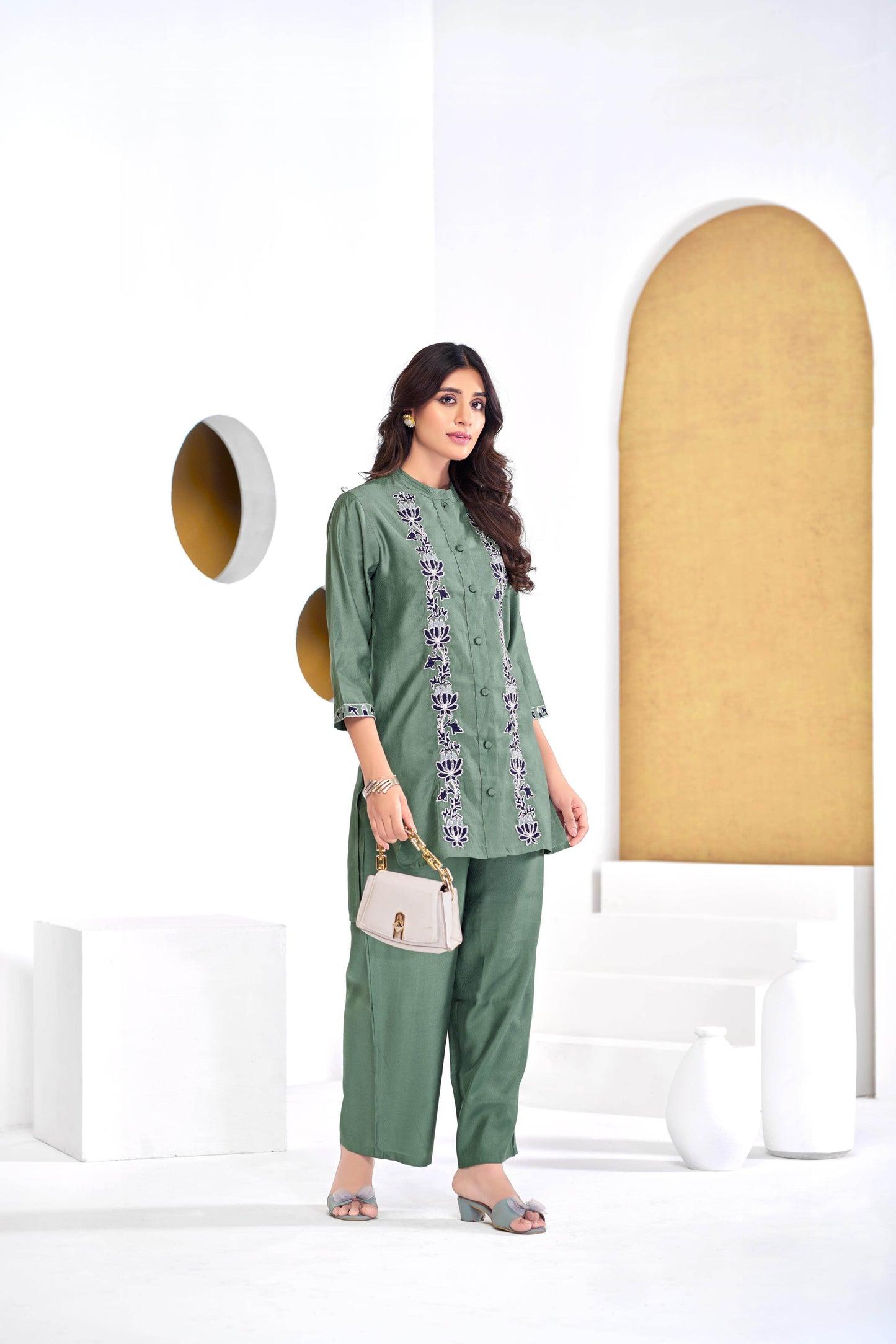 BulBul Deepti Chanderi Olive Co-Ord Set - Swadesiicart