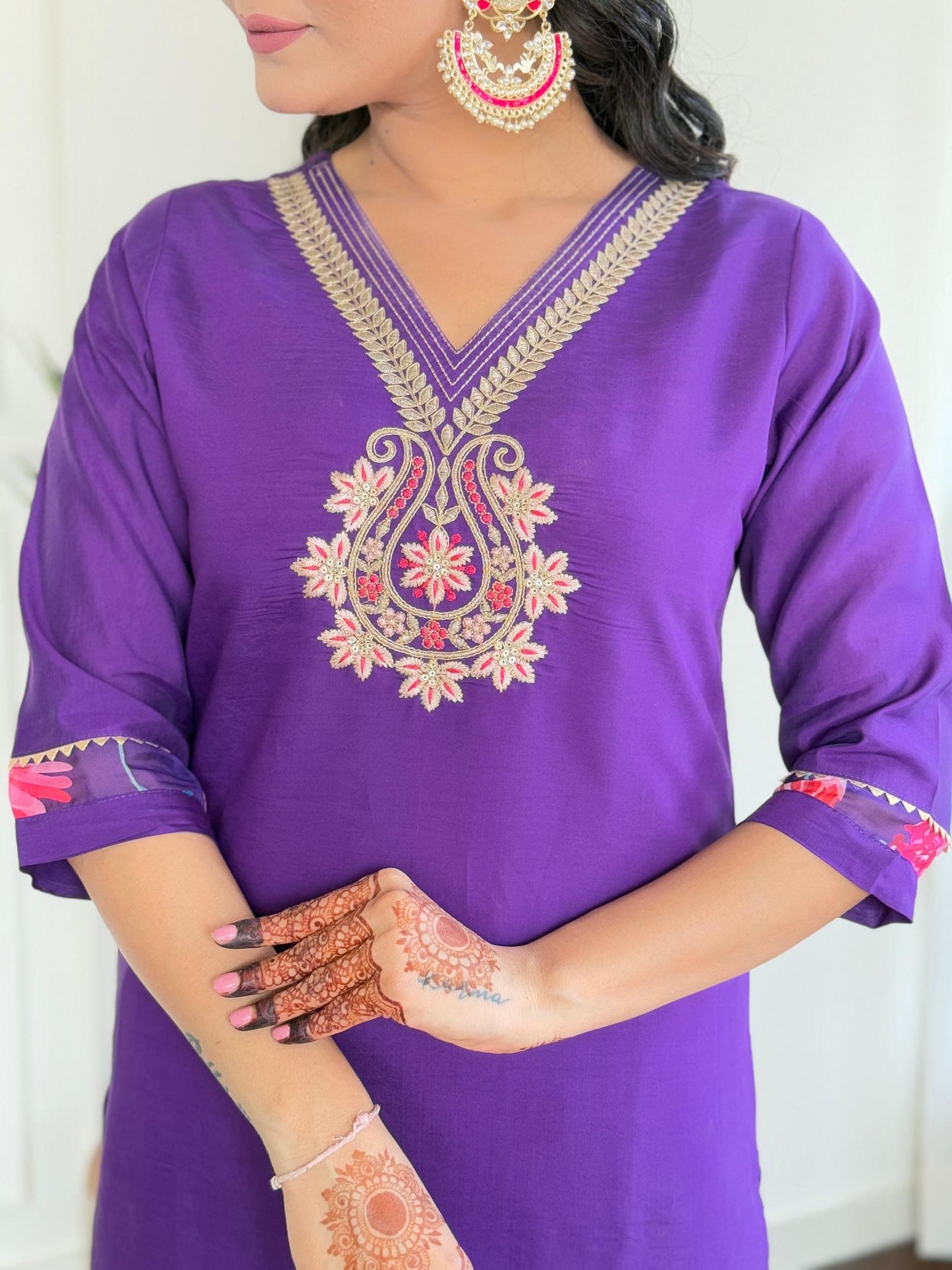 The52 Women's Beautiful Roman Silk Embroidered Straight Kurta with Pant And Dupatta Set - Swadesiicart