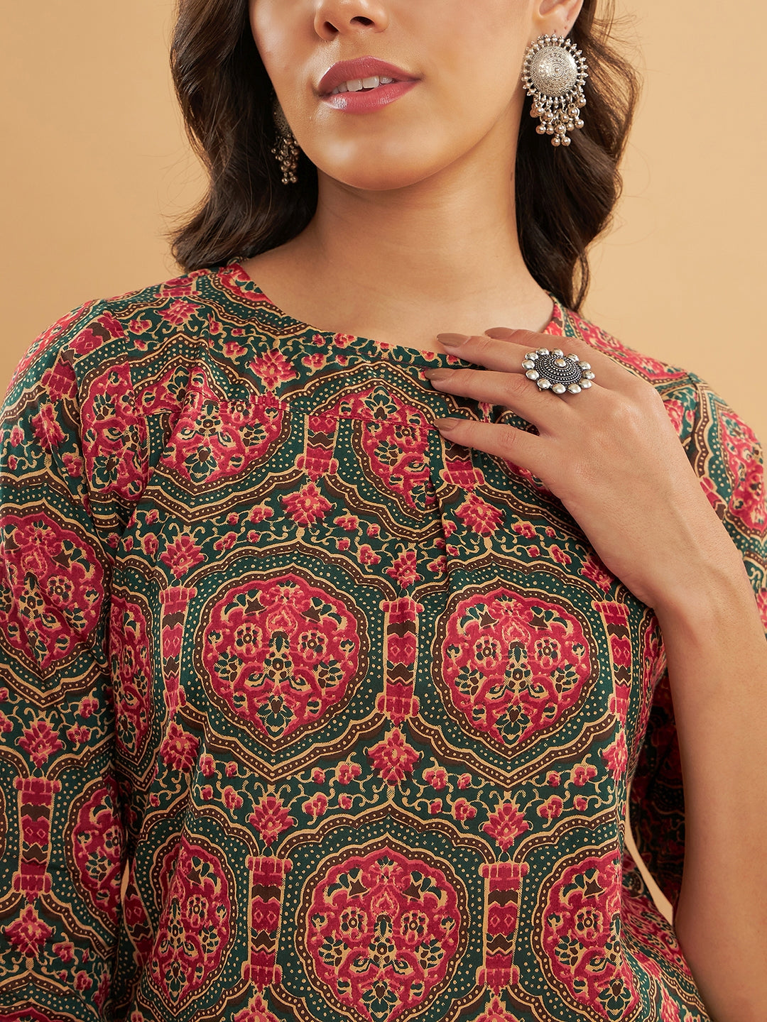 InWeave Women's Green Red Mughal Kalamkari Top - Swadesiicart