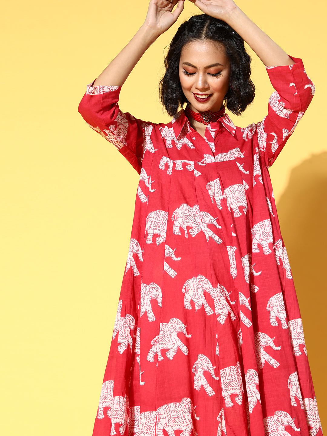 InWeave Red Elephant Flared Dress - Swadesiicart