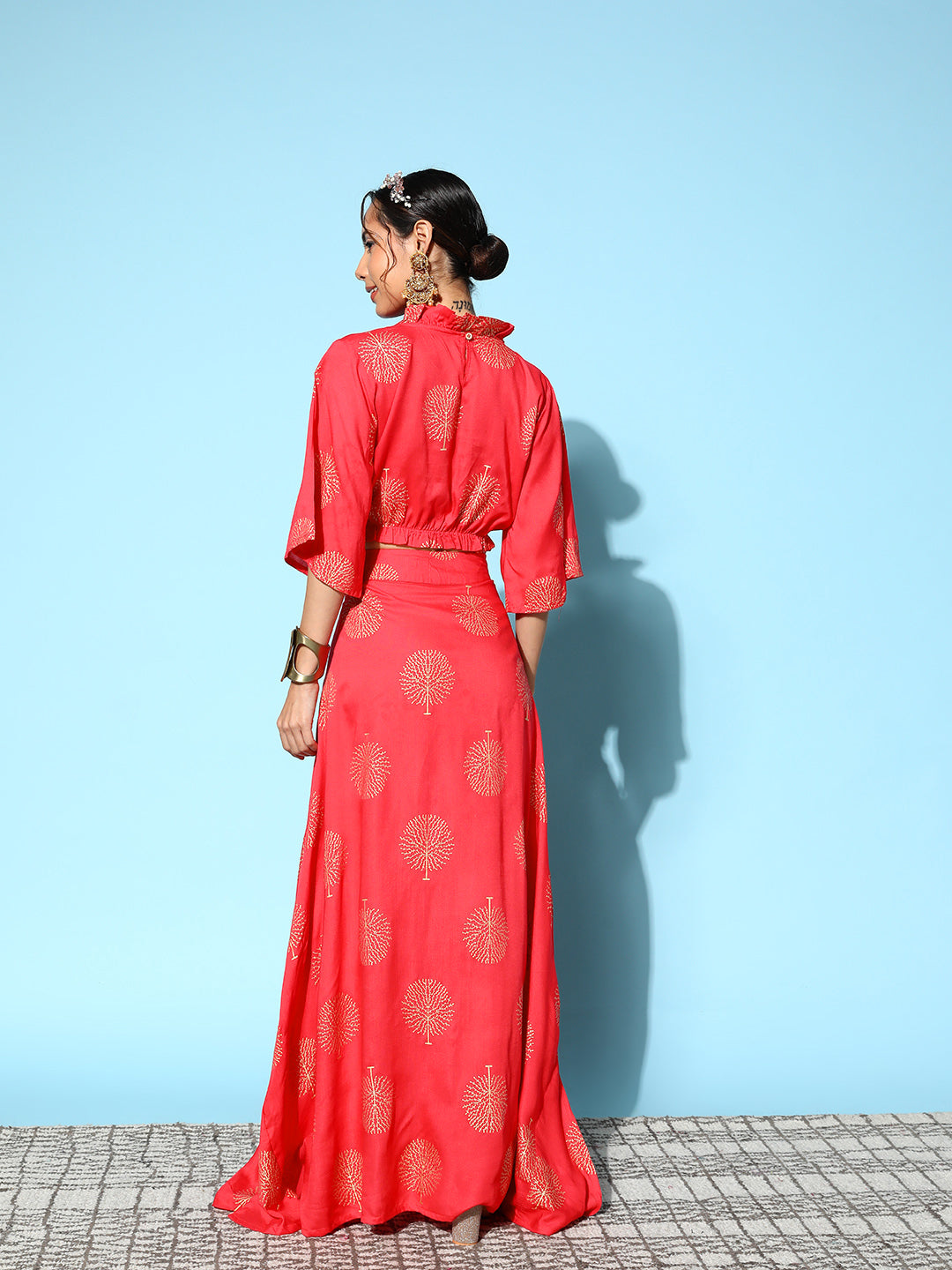 InWeave Women's Red Gold Printed Crop Top With Side Slit Skirt - Swadesiicart