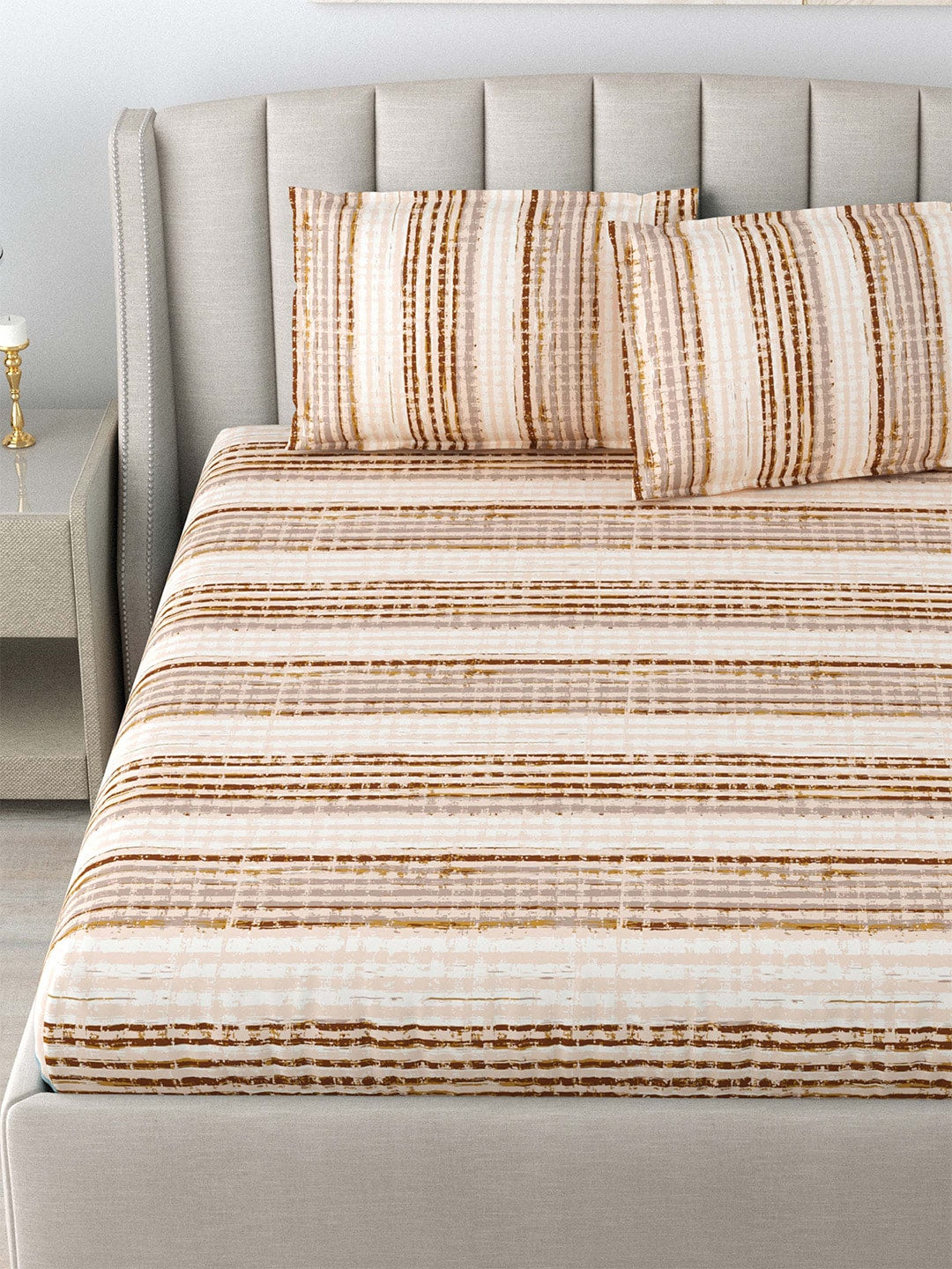 DREAM WEAVERZ Beige & Brown Striped Pure Cotton 220 TC King Bedsheet With 2 Pillow Covers - Swadesiicart