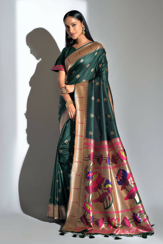 Vishnu Weaves Women's Bottle Green Paithani Silk Zari Woven Saree with Unstitched Blouse - Swadesiicart