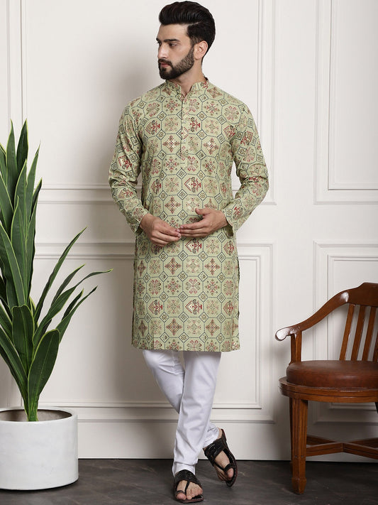 Sojanya Men Green Printed Cotton Linen Kurta with Churidar | Swadesiicart