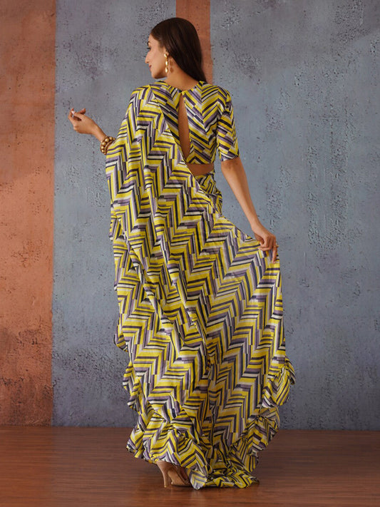 Tikhi Imli Geometric Digital Printed Ruffled Ready to Wear Saree | Swadesiicart