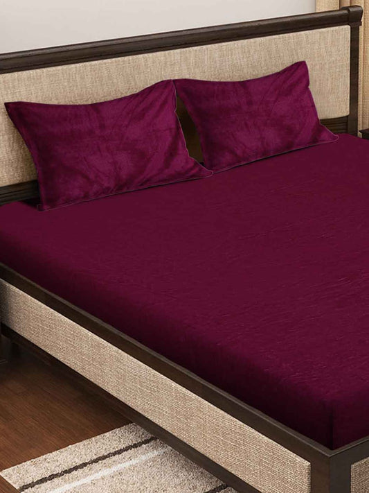 KLOTTHE Maroon 300 TC Woolen Fitted Double King Bedsheet With 2 Pillow Covers - Swadesiicart