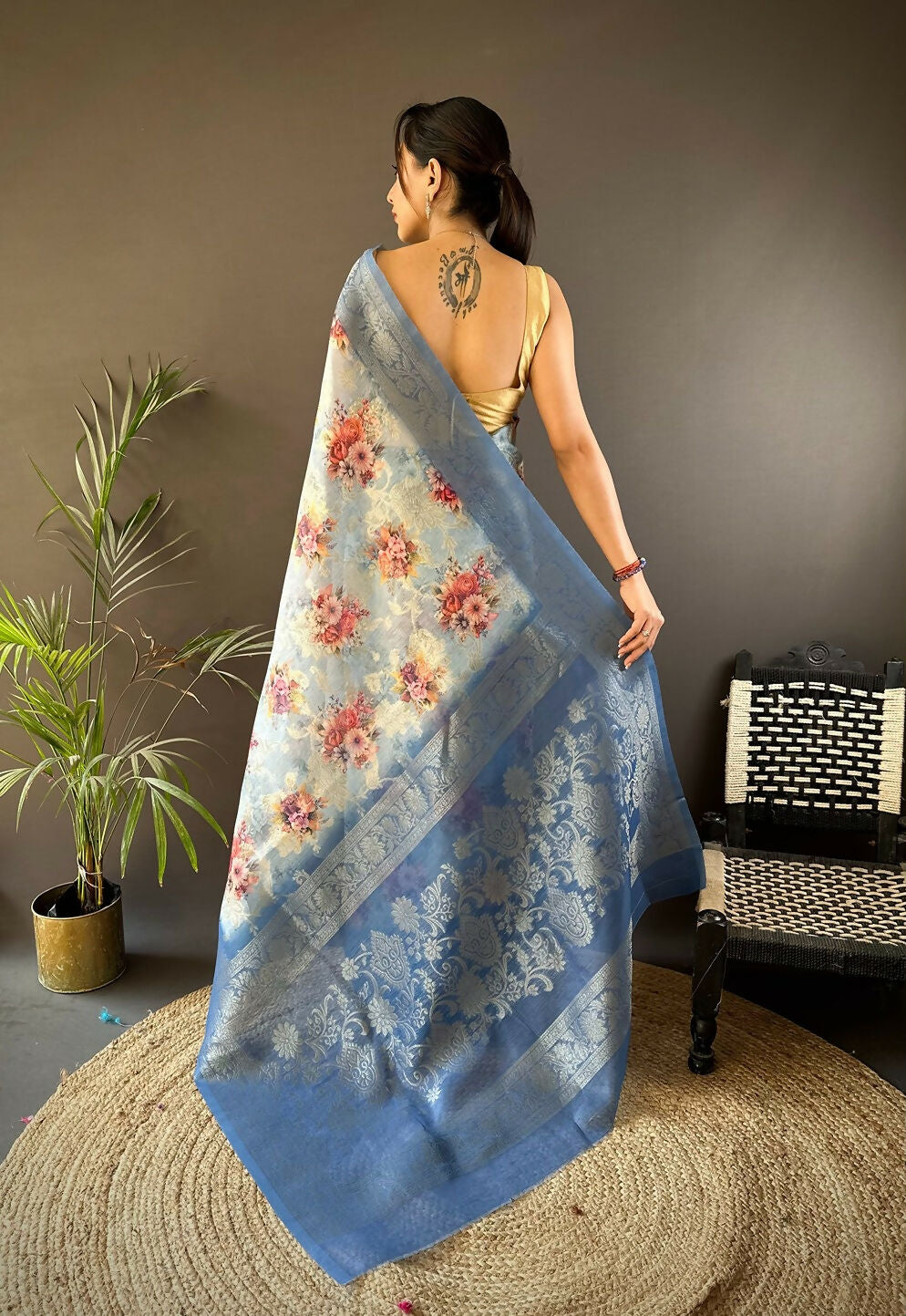 Joban Fashion Sky Blue Floral Motifs Banarasi Silk Sarees | Swadesiicart