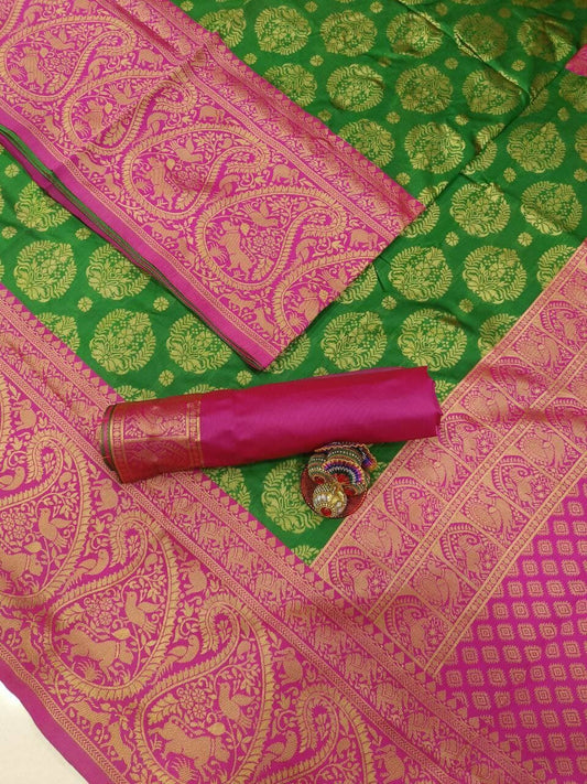 DEIANA'S Beautiful Designer Golden zari Soft Lichi Silk Saree - Green - Swadesiicart