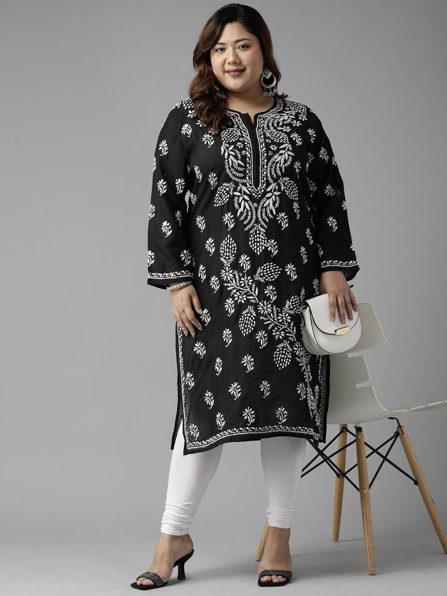 ADA Women Plus Size Black Floral Embroidered Chikankari Kurta | Swadesiicart