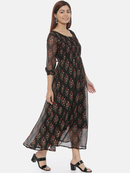 Souchii Women Black Printed Fit And Flare Beautiful Dress - Swadesiicart