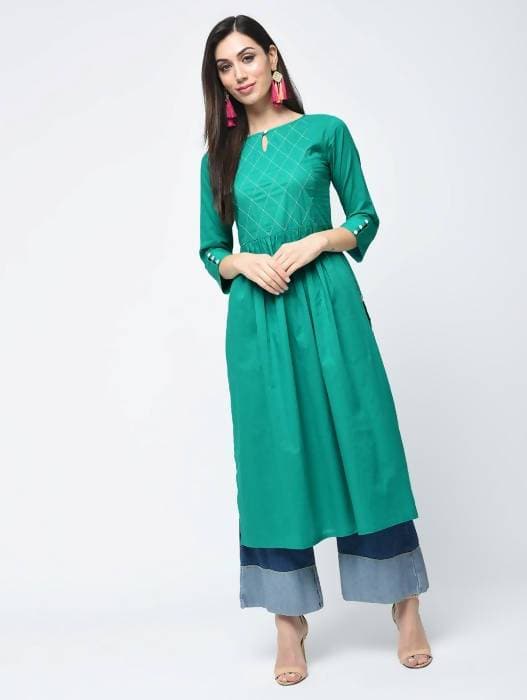 Aniyah Cotton Solid Flared Kurta With Key Hole Neck In Turquoise (AN-104K) - Swadesiicart