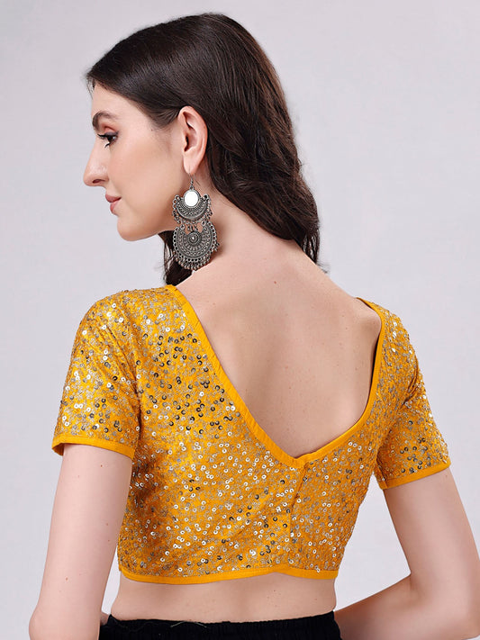 Tikhi Imli Yellow Embellished Boat Neck Sequinned Detailed Saree Blouse | Swadesiicart