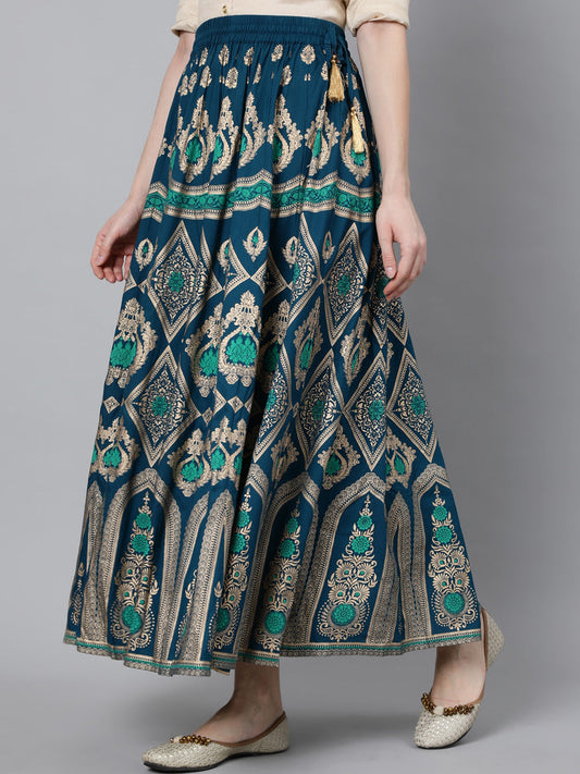 Jaipur Kurti Women Turquoise Blue & Gold-Coloured Printed Maxi-Length Skirt | Swadesiicart