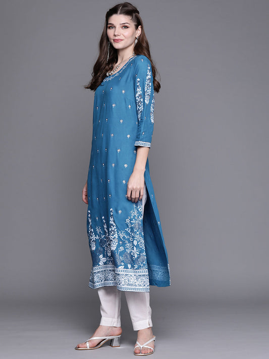 Biba Women Blue & White Ethnic Motifs Printed Assorted Kurta - Swadesiicart