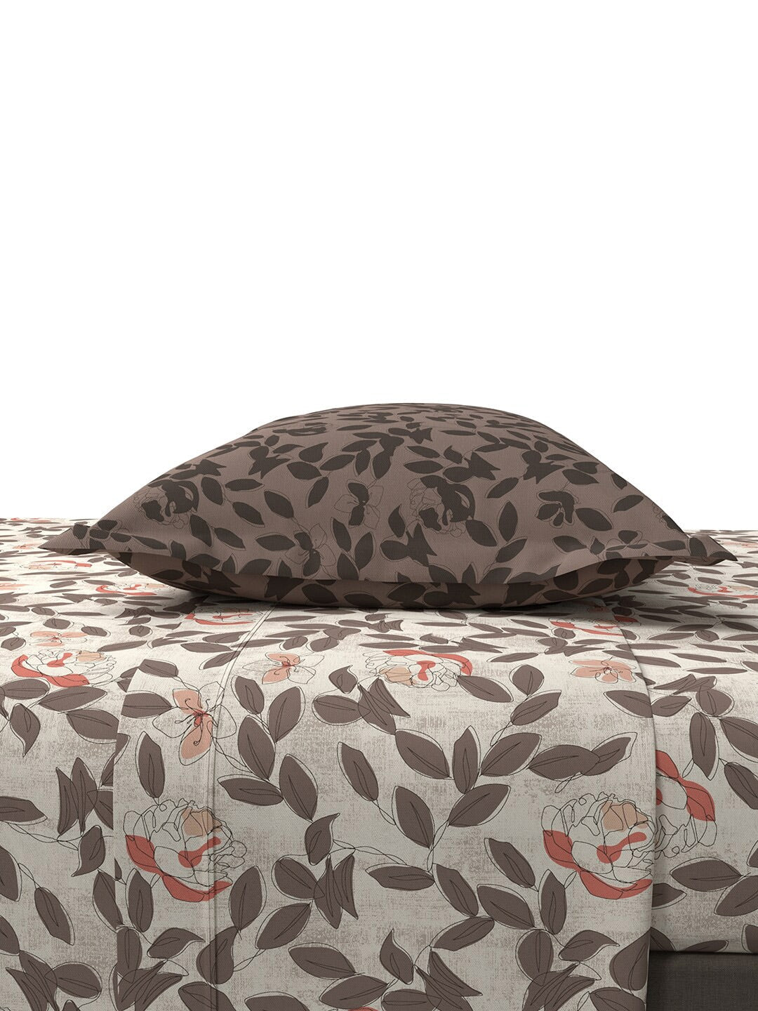 MYTRIDENT Brown White Floral Cotton 144 TC Queen Bedsheet With 2 Pillow Covers - Swadesiicart