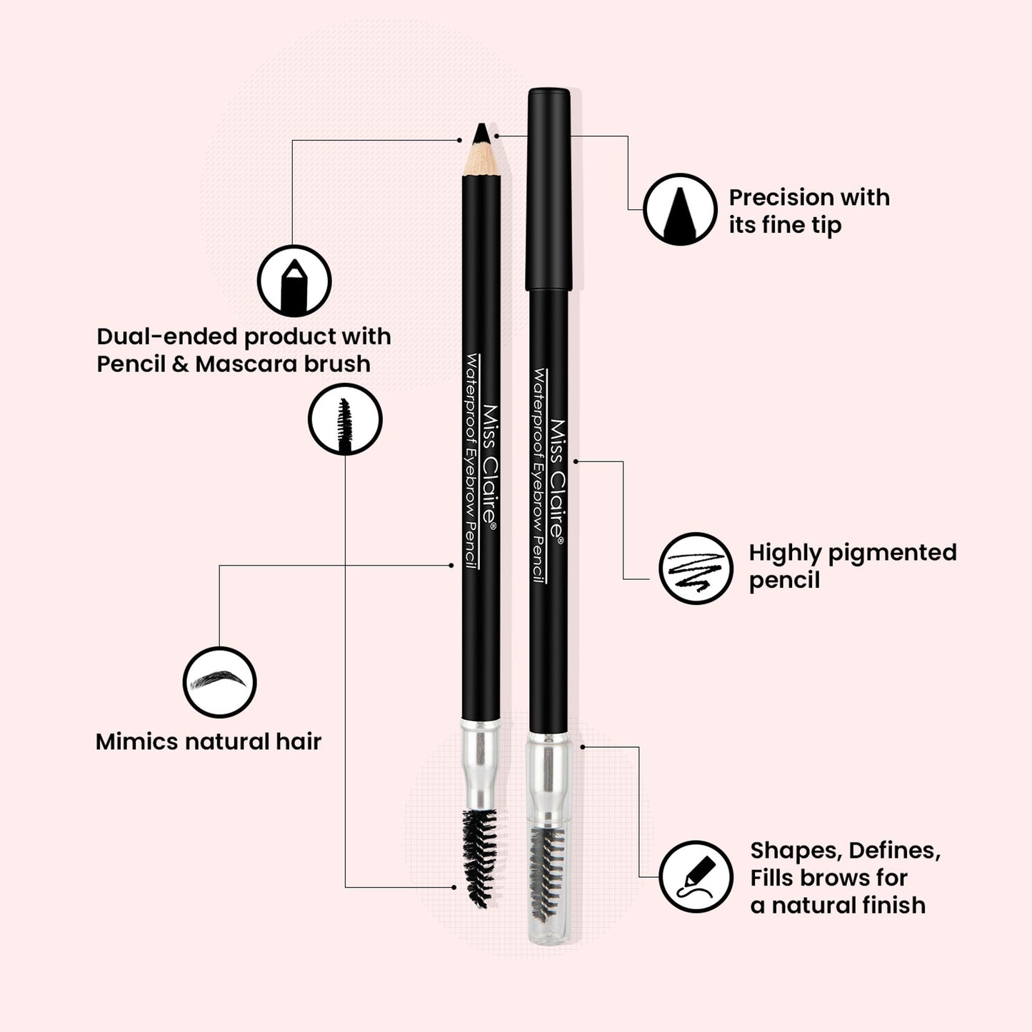Miss Claire Waterproof Eyebrow Pencil With Mascara Brush - 01 Black | Swadesiicart