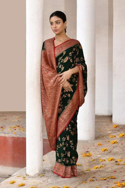 Joban Fashion Green Crepe Chiffon Pure Handloom Banarasi Silk Saree | Swadesiicart