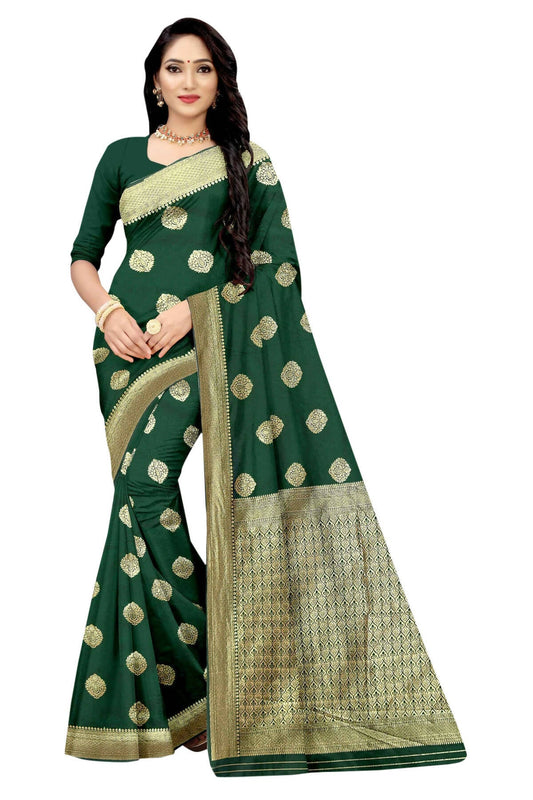 Vamika Weaving Banarasi Jacquard Green Saree | Swadesiicart