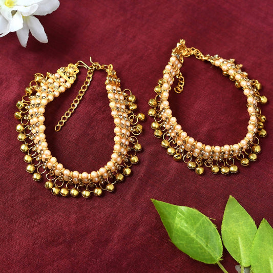 Mominos Fashion Kamal Johar Gold-Polished Pearls Anklets With Muvvas | Swadesiicart