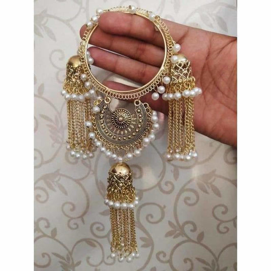 Gold Color Jhumkas With White Pearls Hanging Bangles