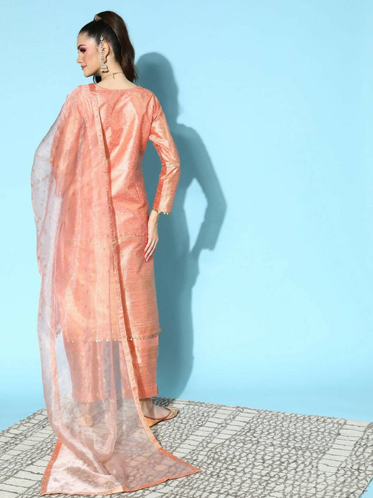 Ahalyaa Women's Peach Colour Poly Silk Printed Kurta Pant Set With Dupatta | Swadesiicart