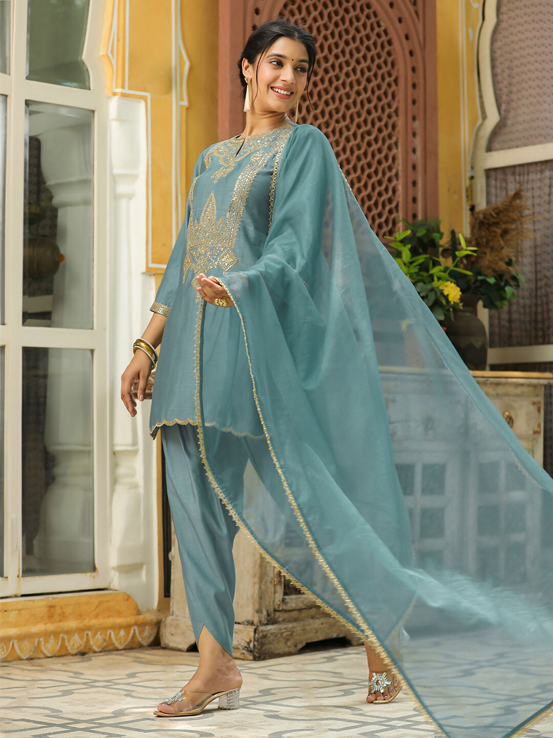 Janasya Light Blue Silk Blend Solid Kurta,Bottom & Dupatta | Swadesiicart